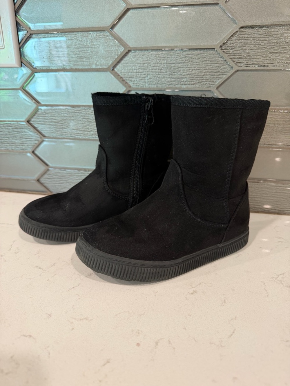 Girls Black Fur Suede Zip Boots